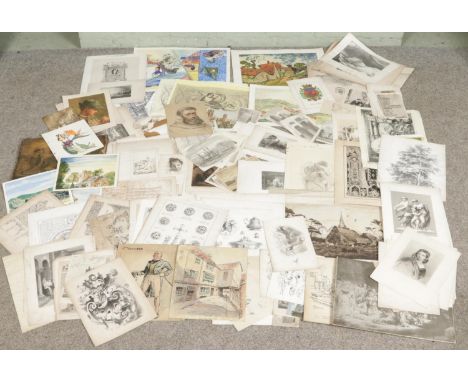 A collection of antique prints, etching, engravings, book plates and watercolours. Includes architectural, landscape, furnitu