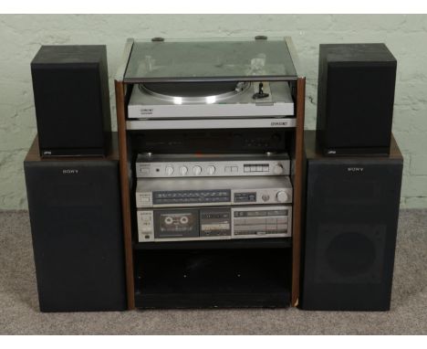 A Sony stacking Hi-Fi system in stand to include PS-LXS record player, CDP-XE200 CD Player, TA-AX2 Stereo Amplifier, ST-JX22L