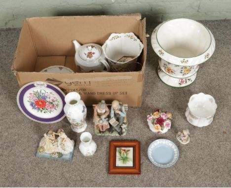 A box of assorted ceramics to include Capodimonte planter, Aynsley Cottage Garden, Wedgwood Queensware, Royal Worcester Evesh