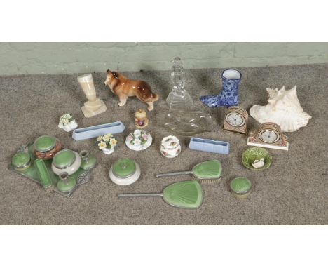 A box of miscellaneous to include onyx Pharoah bust, dressing table set, Melba Ware dog, Sylvac, Regency Ironware, art glass 