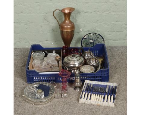 A quantity of metalwares including silver plate, copper ewer, brass wares, two silver topped jars, cutlery, small amount of c