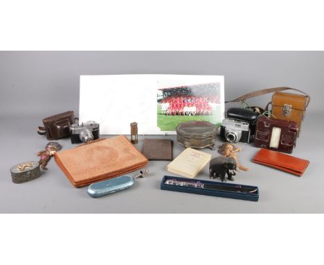 A box of collectable items. To include RAF whistle, cased 'Megger', Comet S camera, Brownie Downing wall plaques, lidded jewe