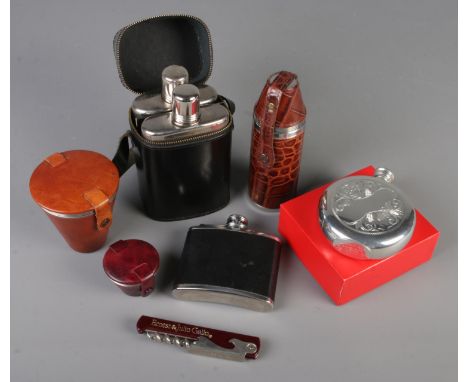 A collection of drinking collectables. Includes Blyde pewter hip flask, Danish stainless steel hunting cups, pair of cased hi