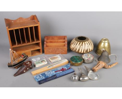 A quantity of collectables, to include carved letter rack, bell, ship model, corkscrews, fans and trinket boxes etc.