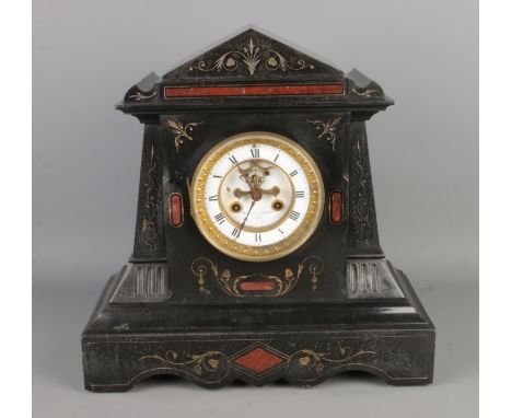 A Victorian slate &amp; marble mantel clock with a visible escapement, with Roman numerals, no key and pendulum, size W36 x D