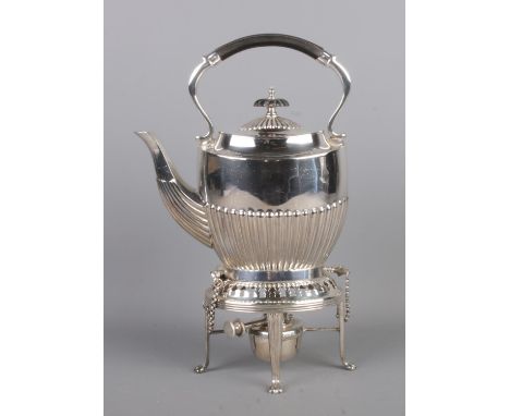 A Walker &amp; Hall silver-plated spirit kettle with stand and burner.  In good condition.