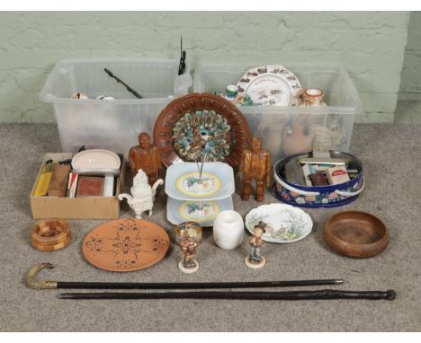 Three boxes of assorted items, to include walking stick with gold plated collar, terracotta plates, wooden mining figures, vi