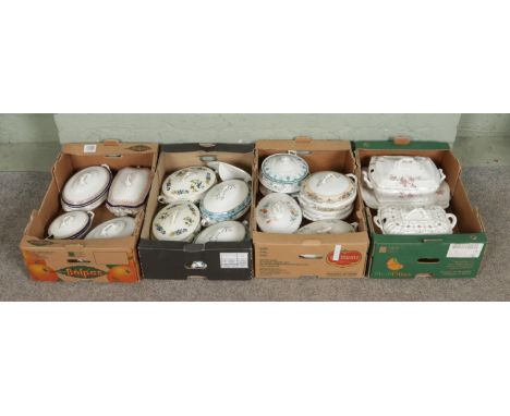Four boxes of vintage ceramic tureens, including examples from Royal Worcester, John Maddock &amp; Sons and Midwinter Porcelo