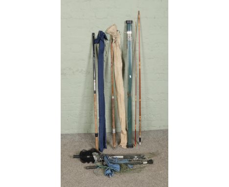 A quantity of assorted fishing equipment to include Shakespeare President II rod in case, Blue Match De-Luxe, nets, Shakespea
