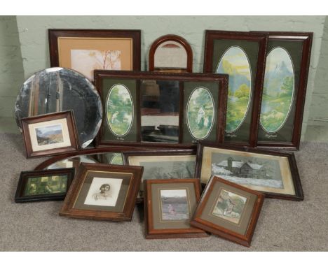 A collection of pictures, prints and mirrors. Includes two charcoal and watercolour landscapes with houses.