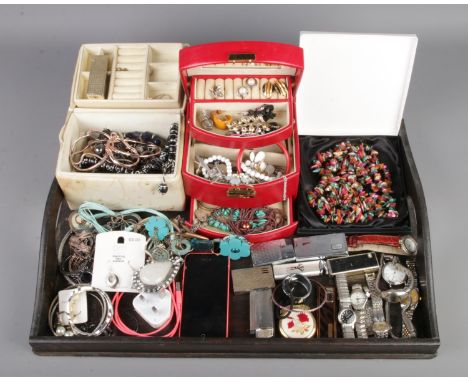 A tray of assorted costume jewellery and collectables to include wristwatches, gemstone chip necklace, vintage lighters, iPho