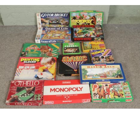 A collection of boxed board games. Includes Horror House, Monopoly, Totopoly, Cluedo, Go For Broke, Game of Life, Jump Off et