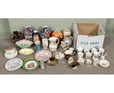 Two large boxes of mixed ceramics and glassware, including Chinese vases, Maling ware jug, Devon Lustre vase, assorted plates