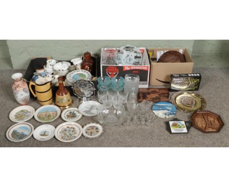 A collection of three boxes of assorted ceramics, pottery and glassware, including Adderley tea set, W.Germany glazed barrel 