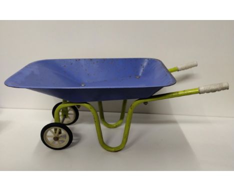 Vintage child's toy wheelbarrow in blue and green factory finish. Collection only. 