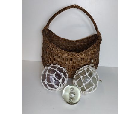 Vintage lot comprising; wicker basket, (2) blown glass fishing boat net floats and a glass paperweight. Collection only. 