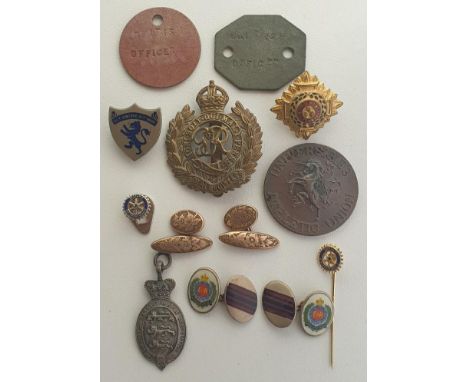 Interesting lot to include national service medal, dog tags, Royal Engineers cufflinks, etc. Shipping Group (A). 
