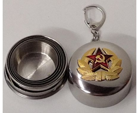 Soviet Army stainless steel collapsible vodka cup on key chain. Shipping Group (A). 