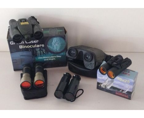 (6) pairs of binoculars including a Minolta green laser. Shipping Group (A). 