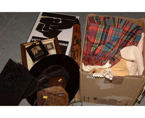 A collection of linens, soft goods, lace, tartan fabric; framed portrait miniatures; a Victor Pasmore exhibition poster.