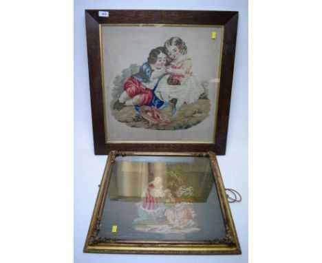 Two 19th Century needlework tapestry pictures, depicting figures, in frames, the larger 56 x 57cms.