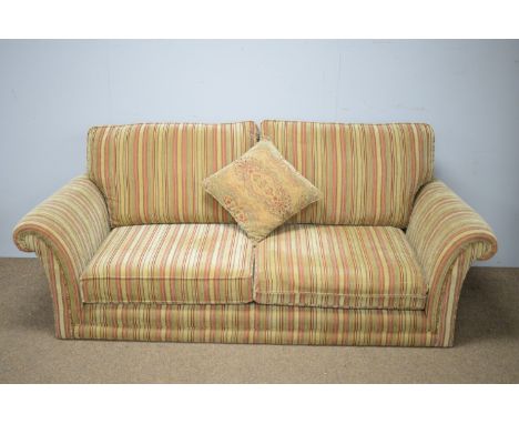 A 20th Century Parker Knoll two-seater sofa, upholstered in striped fabric, scroll-over arms, raised on tapering legs with ca