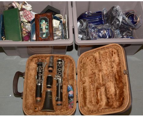 A 20th Century blue glazed tea service; together with ruby flashed cut glassware; a box of costume jewellery; and a cased cla