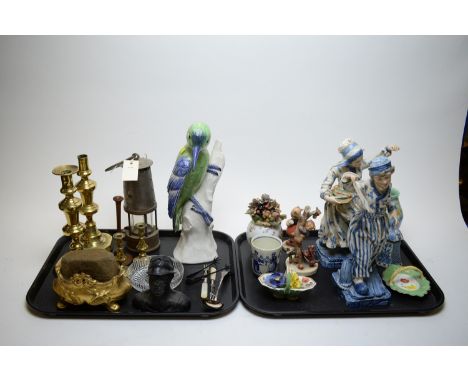 A pair of Dutch figures, boy and girl, one with lantern; two Hummel for Goebel figures; a miner's lamp and household sundries