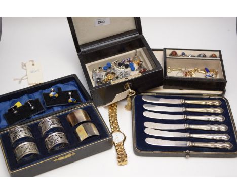 A selection of gentlemen's cufflinks and shirt studs; a Jaguar wristwatch; a selection of silver and other rings; a pair of 9