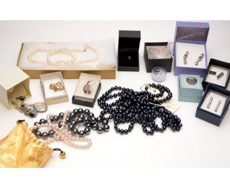 A collection of costume jewellery and cultured pearl necklaces, the cultured pearl necklaces, mostly Chinese, include stains 