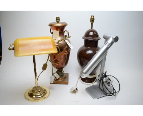 A copper double-handled urn-shaped vase lamp, with double scroll handles, on square base; a brown ceramic vase-shaped lamp st
