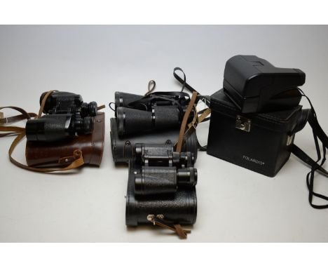 Three pairs of binoculars, including: a pair of Ross, London, 9 x 35mm Solaross binoculars, cased; a pair of Prinz 16 x 50mm 