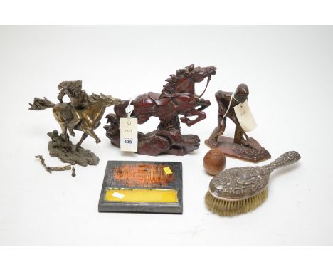 A group of three sculptures to include a brass sculpture of a minor, a resin sculpture of a galloping horse, a resin sculptur