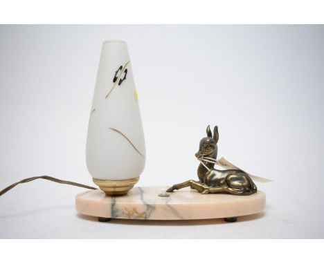 A vintage bedside lamp, 1950's, in the form of a fawn in cast metal, with white glass shade on oval variegated marble base, 2