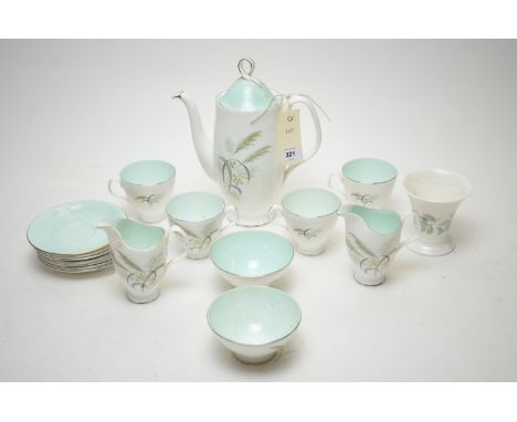 A 1950's Royal Albert 'Elfin' part coffee service, each piece painted with fern design with duck-egg blue interior, comprisin
