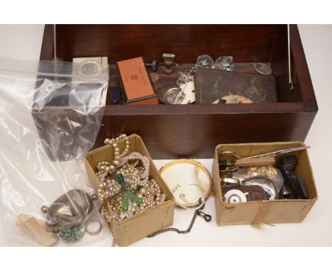 A small quantity of costume jewellery, enamel badges including grocery badges; a silver egg pattern mustard pot and other sil