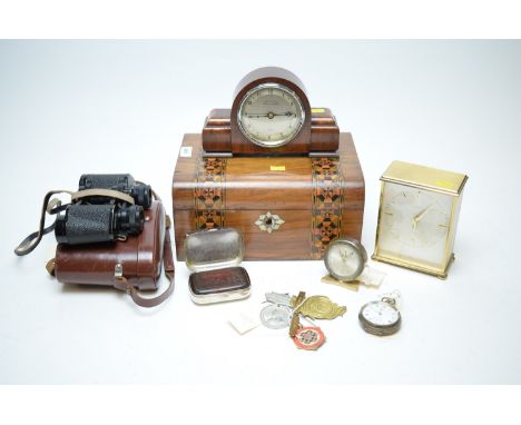 A pair of Carl Zeiss Jena Deltrintem 8 x 30mm field glasses, in leather case, a walnut inlaid marquetry jewellery box; a smal