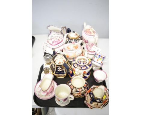 A quantity of early/mid 19th Century ceramics, comprising: two early 19th Century pink lustre teapots and covers, sucrier and