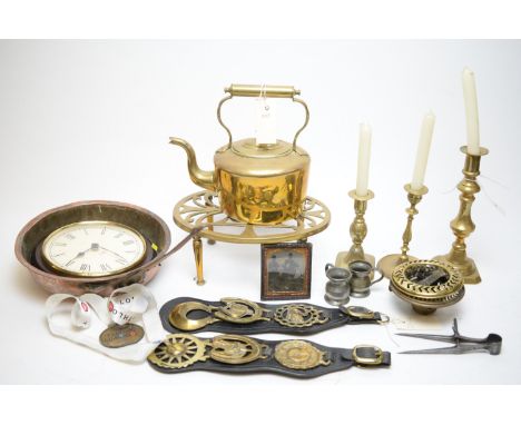 A late Victorian ambrotype, family group 10 x 8cms; and a small quantity of brassware including candlesticks, tea kettle, tri