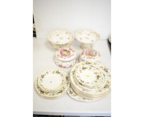 Two Dresden powder bowls and cover printed with figural scenes after Angelica Kaufman; Limoges three piece dessert set; and a