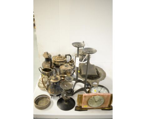 A quantity of electroplate, to include: a three-piece tea service; a tea kettle on stand; a fruit basket; a Metamec ship's st