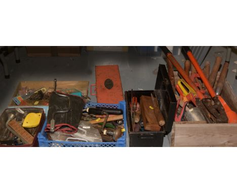 A selection of gardening tools including: shears, secateurs, drill bits, wrenches, drills and other items.