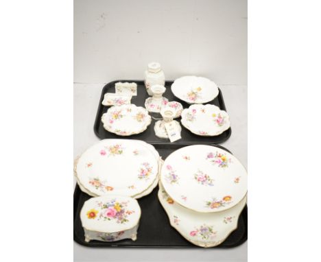 A collection of Royal Crown Derby 'Floral Rose' pattern bone china, comprising: pin box and cover, a pair of candlesticks, te