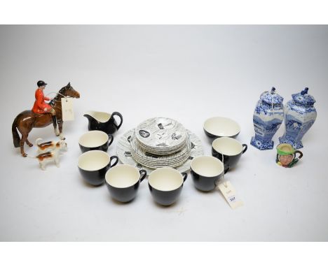 A Beswick huntsman and horse; two Beswick hounds; a part 'Home Maker' tea service; together with a pair of blue and white Pra