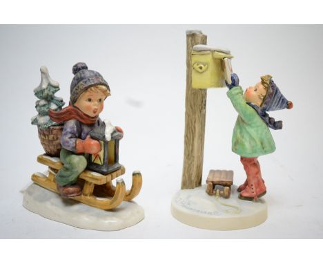 Two Hummel winter figures, one titled 'A Letter To Santa Claus', the other a small boy on sleigh. (2)