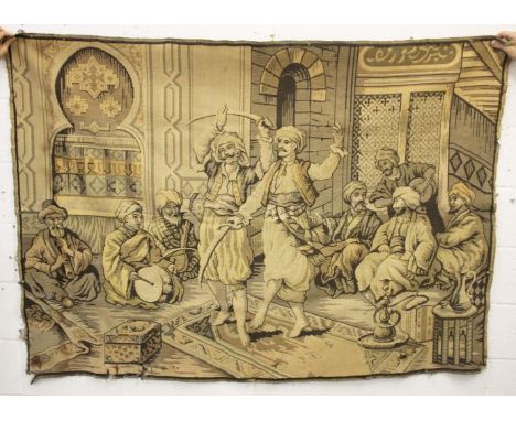 A LARGE TURKISH OTTOMAN TAPESTRY, depicting a dancing party with musicians and attendants, 177cm x 126cm.