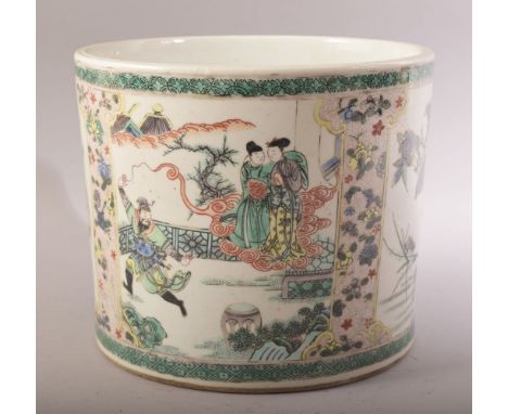 A CHINESE KANGXI STYLE FAMILLE VERTE PORCELAIN BRUSH POT -  decorated with scenes of figures in landscapes with native flora 