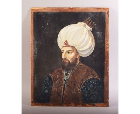 A TURKISH OTTOMAN OIL PAINTED PORTRAIT OF A SULTAN, on wood, 36cm x 28cm.