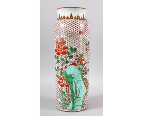 A TALL CHINESE FAMILLE VERTE PORCELAIN SLEEVE VASE, painted with red petal flowers, the body with red fish scale pattern all 