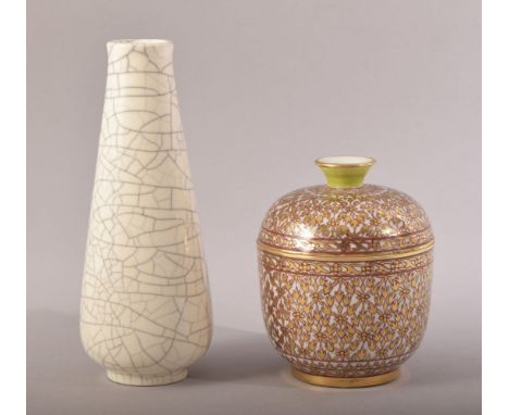 A PORCELAIN GILT DECORATED POT AND COVER, 12cm high, together with a chinese crackle glaze vase, 18.5cm high (2).